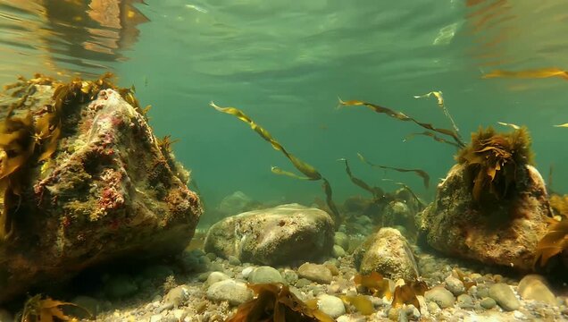 Murky underwater 4K footage captured in shallow coastal ocean water documenting gentle seaweed swaying over weathered rocks marine silt particles and subtle tidal currents along a natural salty