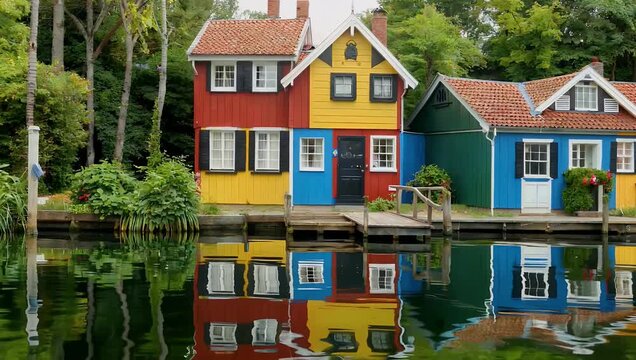 Captivating 4K aerial drone b roll showing a picturesque waterfront lined with multi colored residential houses reflecting perfectly off a mirror like canal to showcase striking architectural