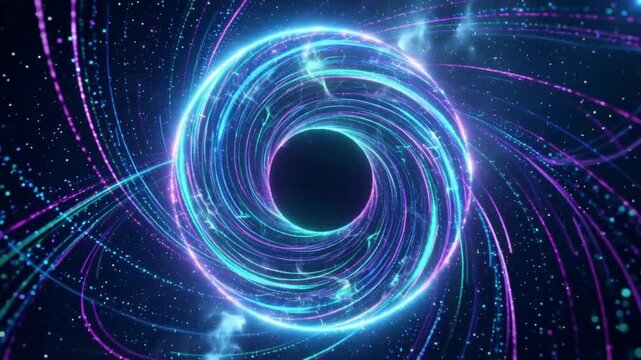 Glowing digital particle portal ring and quantum event horizon loop video background.