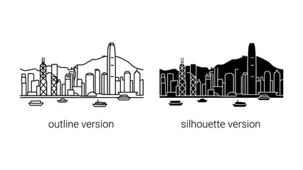 Obraz premium Hong Kong Skyline: A detailed outline and silhouette illustration of the iconic Hong Kong skyline, showcasing its modern skyscrapers and natural mountainous backdrop.