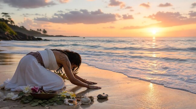Woman in white dress praying on beach during sunrise with flowers