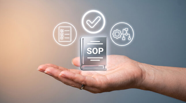 Hand holding a metallic standard operating procedure book icon with glowing digital business process symbols