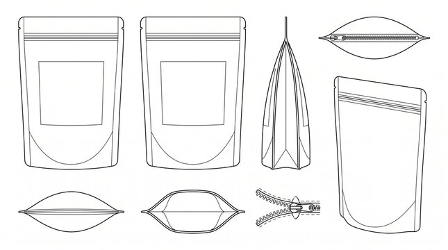 Stand-up Pouch Packaging Template Set with Zipper Vector Line Art Mockup for Branding and Product Design