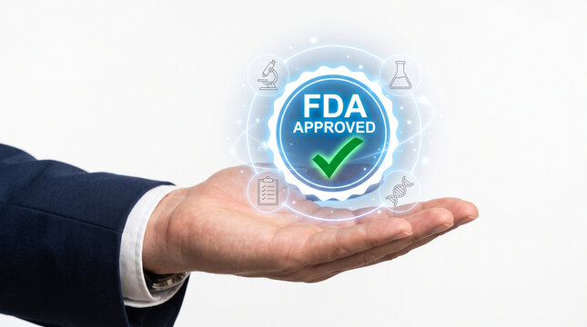 Professional hand holding a glowing blue circular fda approved certification badge with scientific medical icons