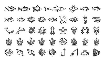 Comprehensive Marine Life Outline Icon Collection Featuring Fish Shells Coral Crabs Jellyfish and Sea Creatures © Keyapayal