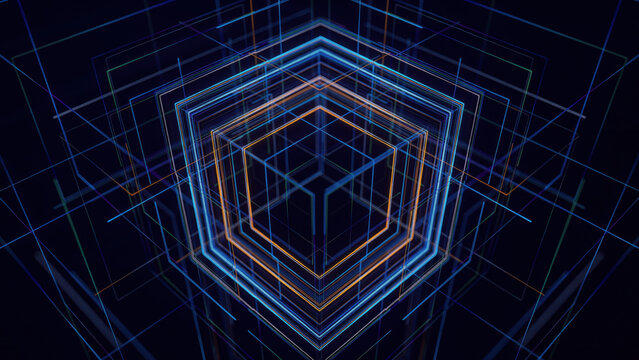 Abstract background with glowing blue and orange hexagon shapes in a geometric pattern.