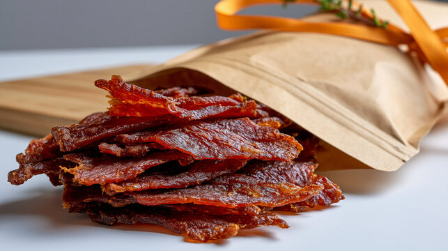 Naturally dried turkey jerky packaged in a recyclable brown kraft paper pouch on a white background, tender dried meat slices neatly arranged next to the eco friendly retail bag, premium protein sna
