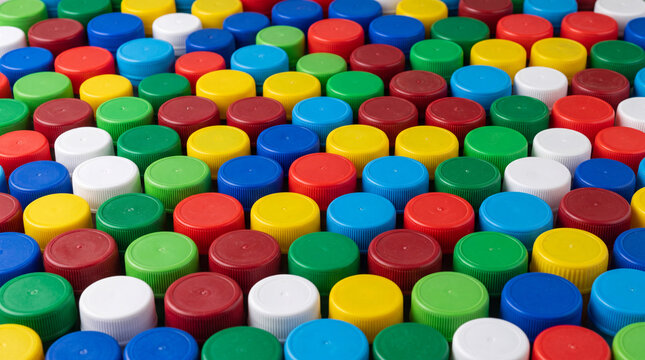 Macro photograph of tightly packed colorful plastic bottle caps with detailed grooves and vibrant recycling material texture