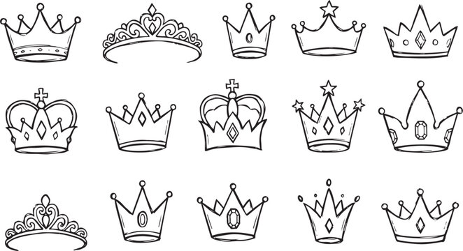  Hand drawn crowns and tiaras doodle set vector