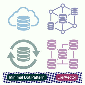 Vector illustration set depicting distributed cloud data storage and network concepts with a minimal dot pattern. Icons include a cloud with a database, a hexagonal distributed database, data synchron