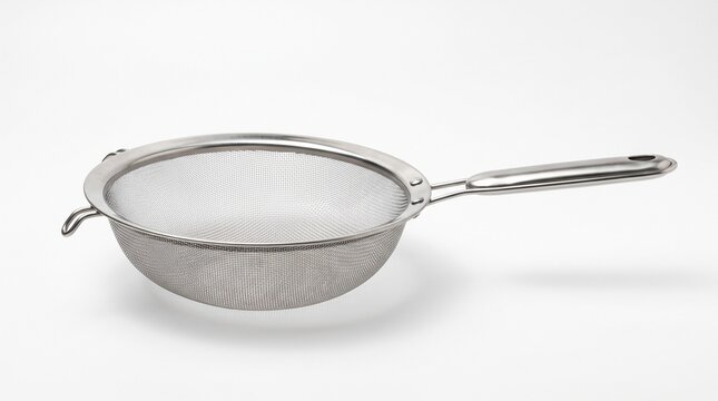 Stainless steel sieve for food preparation. Durable kitchen strainer for cooking and baking tasks.
