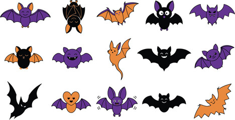 Fototapeta premium Set of cute cartoon bats for halloween decorations and festive party stickers isolated on white background
