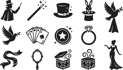 A collection of black and white magic show featuring a magician, hat, rabbit, playing cards, dove, diamond ring, magic wand, ornate mirror, gift boxes, and a female assistant silhouette © Mollah