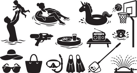 A collection of black summer featuring a father lifting a child in water, a woman on a pool float, a unicorn floatie, basketball hoop, water gun, radio, dog swimming, beach accessories, and a © Mollah
