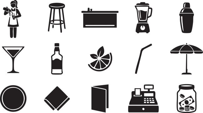 A collection of black silhouette representing a bar or restaurant setting, featuring a bartender, stool, counter, blender, shaker, martini glass, bottle, citrus slice, straw, umbrella, and cash