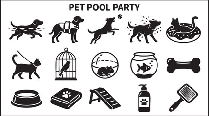 Pet pool party set featuring silhouettes of swimming dogs, cats on floats, fish in bowls, hamsters in balls, birdcages, grooming tools, pet bowls, and toys on a white background © Mollah