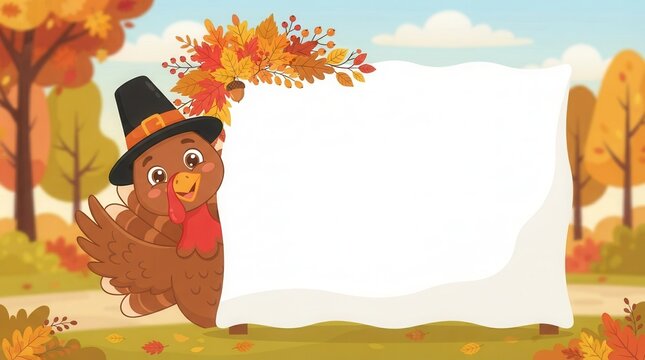Cute cartoon turkey wearing pilgrim hat standing beside blank white paper sign for thanksgiving day celebration greeting card design autumn forest background scene
