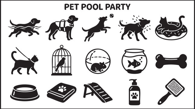 Pet pool party set featuring silhouettes of swimming dogs, cats on floats, fish in bowls, hamsters in balls, birdcages, grooming tools, pet bowls, and toys on a white background