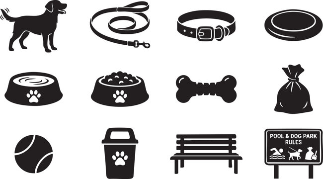 Set of black dog-related featuring a standing dog, leash, collar, frisbee, food and water bowls, bone, waste bag, tennis ball, trash bin, park bench, and a pool and dog park rules sign