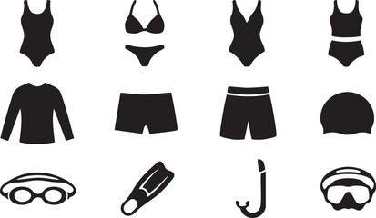 Set of black silhouette representing swimming and beach gear, including various styles of swimsuits, trunks, a swim cap, goggles, flippers, and a snorkel, arranged in a grid on white background © Mollah