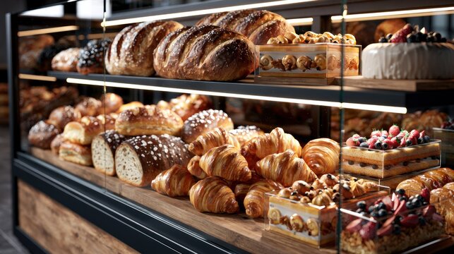 A bakery display case filled with a variety of pastries, including loaves of bread, croissants, and cakes, arranged on shelves with glass doors.