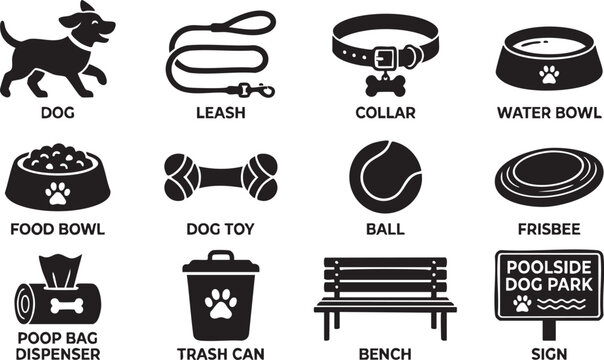 Set of twelve black silhouette representing dog park equipment and pet accessories, including a running dog, leash, collar, bowls, toys, poop bag dispenser, trash can, bench, and park sign