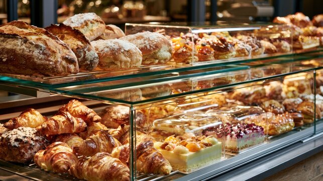 A display case filled with a variety of pastries and breads, including croissants, cakes, and loaves of bread, arranged on glass shelves in a bakery or caf