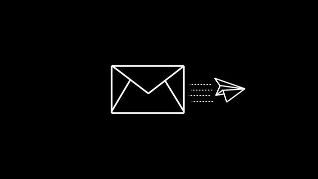 Abstract email icon animation with flying paper plane, digital communication and message sending concept with clean white line on black background 4k