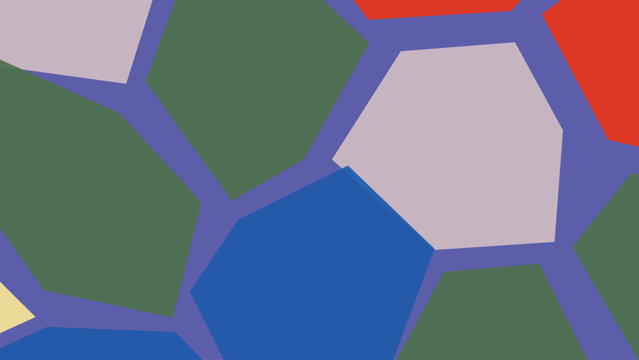 Purple background with irregularly shaped polygons in pastel and bright colors for abstract mosaic.