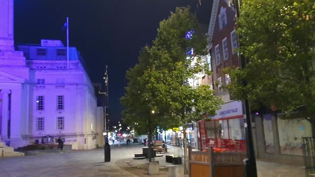 Low Angle Illuminated Streets View of Luton City of England United Kingdom After Sunset Night. Wide Angle Camera Footage Was Captured During Walk at Night of June 27th, 2026. 