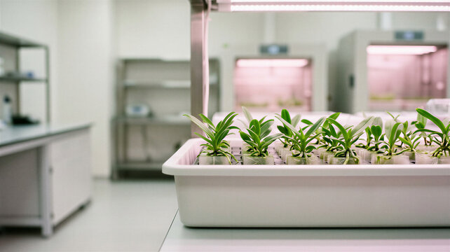 Green seedlings flourish in a bright lab during intensive plant biotechnology research