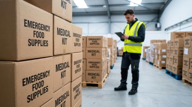 Logistics worker managing emergency food and medical supply boxes