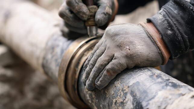Gloved technician repairs a corroded pipe joint with a clamp, illustrating trenchless pipe lining and repair for underground infrastructure renewal.