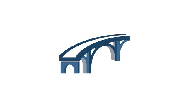 Modern minimalist flat design of a blue bridge with arches on a white background