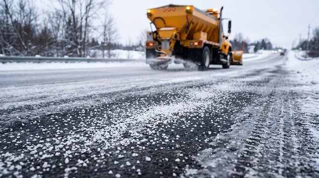 A yellow salt spreader truck applies de-icing material to a snow-covered road during winter conditions.