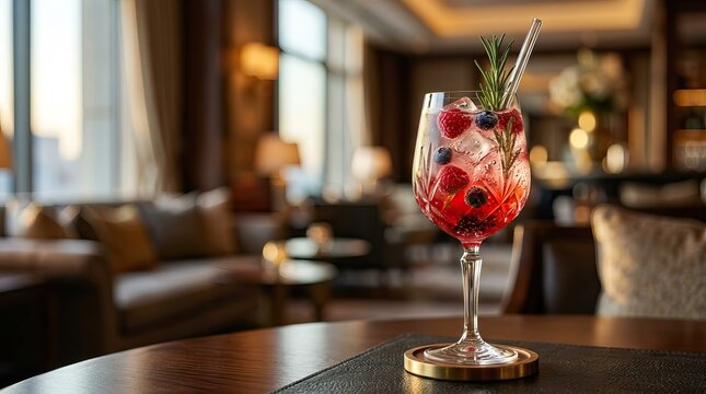 Refreshing Red Cocktail in Elegant Lounge Setting with Garnish