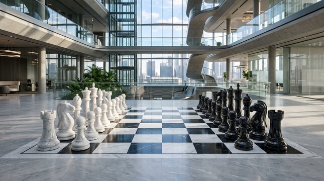 Modern Chess Setup in Stylish Urban Interior with Glass Architecture