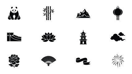 Obraz premium Black and white cultural icons minimalist illustration set of traditional symbols with minimalist line art format representing cultural heritage