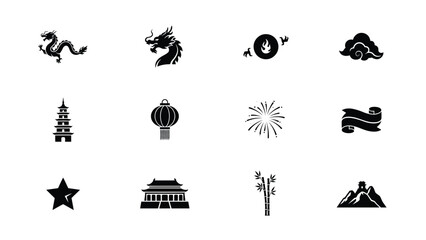 Obraz premium Minimalist black icon set with monochromatic collection twelve stylized icons representing traditional motifs celebratory symbols against neutral background