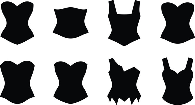 Corset And Bustier Silhouette Icons Set Including Sweetheart Overbust Underbust And Strapped Tops