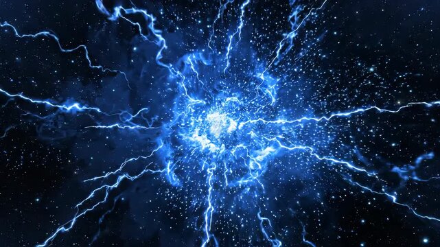 Abstract Energy Burst: A vivid explosion of electric blue energy crackles and radiates outwards against a dark, star-filled background, evoking a sense of raw power and cosmic wonder.