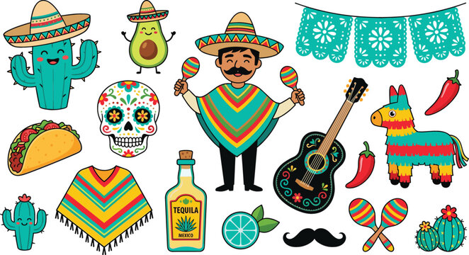 Mexican fiesta celebration vector elements set with mariachi pinata skull guitar taco tequila and cactus sticker icons