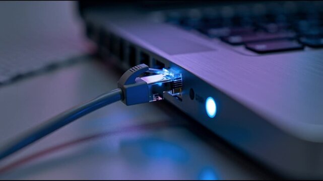 Hand connecting ethernet cable to laptop for fast internet access