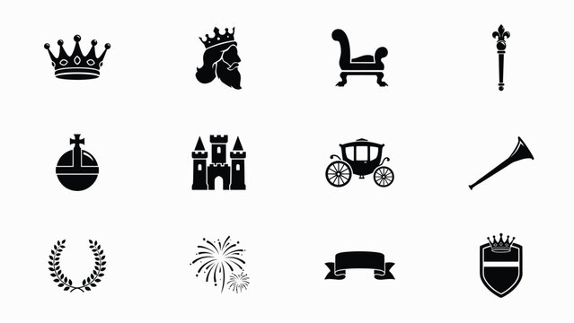 Elegant royalty and regal symbols black and white vector illustration set with sophisticated collection twelve ceremonial elements minimalist