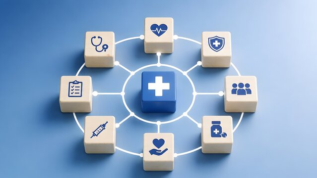 Medical cross cube surrounded by connected healthcare icon blocks representing health insurance network and medical system integration
