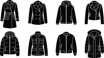 Winter Outerwear And Jacket Styles Vector Silhouette Icons Set Including Trench Coat Leather Jacket And Parka © Robiul