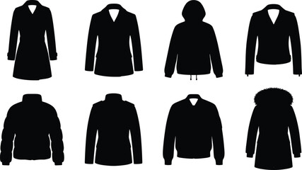 Winter Outerwear And Men Women Jacket Styles Vector Silhouette Icons Set Including Trench Coat Bomber And Parka © Robiul