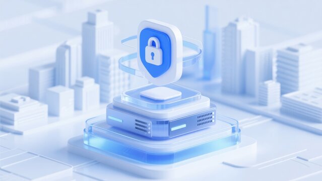 Cybersecurity shield with secure server platform, idea for cloud security, data protection, network privacy, encryption and digital infrastructure