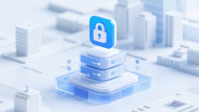 Secure server platform with cybersecurity padlock icon, idea for cloud security, data protection, network privacy, encryption and digital infrastructure