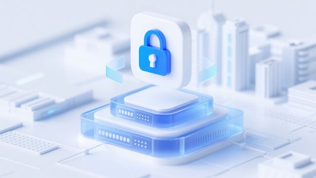 Cybersecurity padlock with secure server platform, idea for cloud security, data protection, network privacy, encryption and digital infrastructure